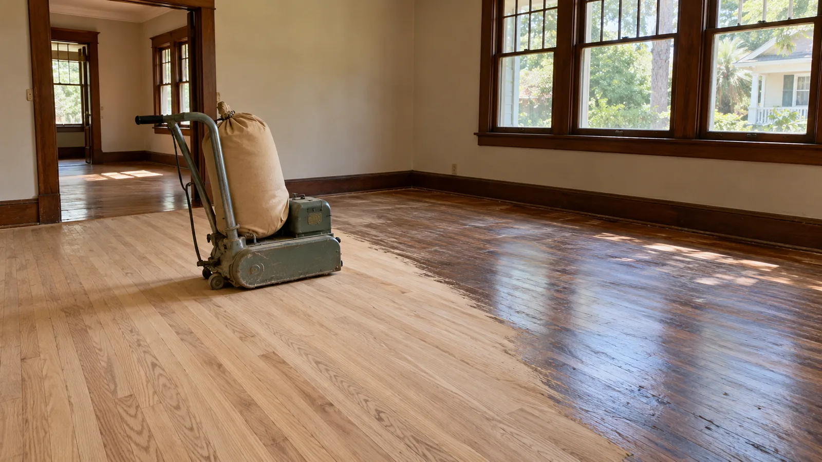 Drum sander halfway across an old oak floor showing bare wood next to the worn finish