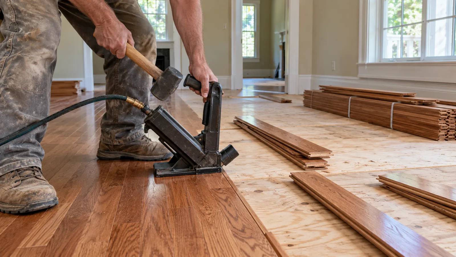Narrow red oak hardwood boards being nailed down over a plywood subfloor in an older home