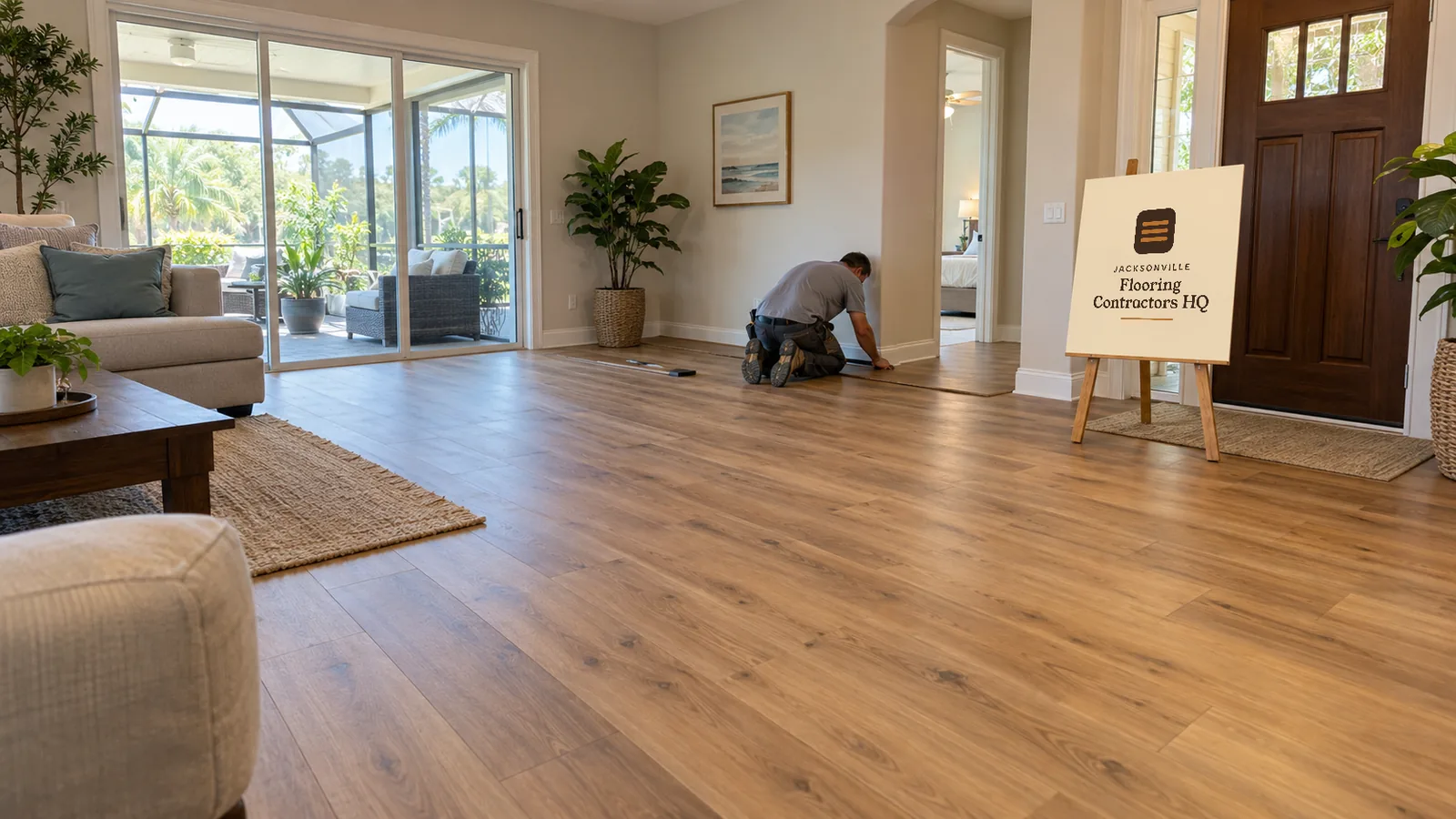 Newly installed oak look vinyl plank floor in a bright Jacksonville living room with the Jacksonville Flooring Contractors HQ logo on a sign by the door
