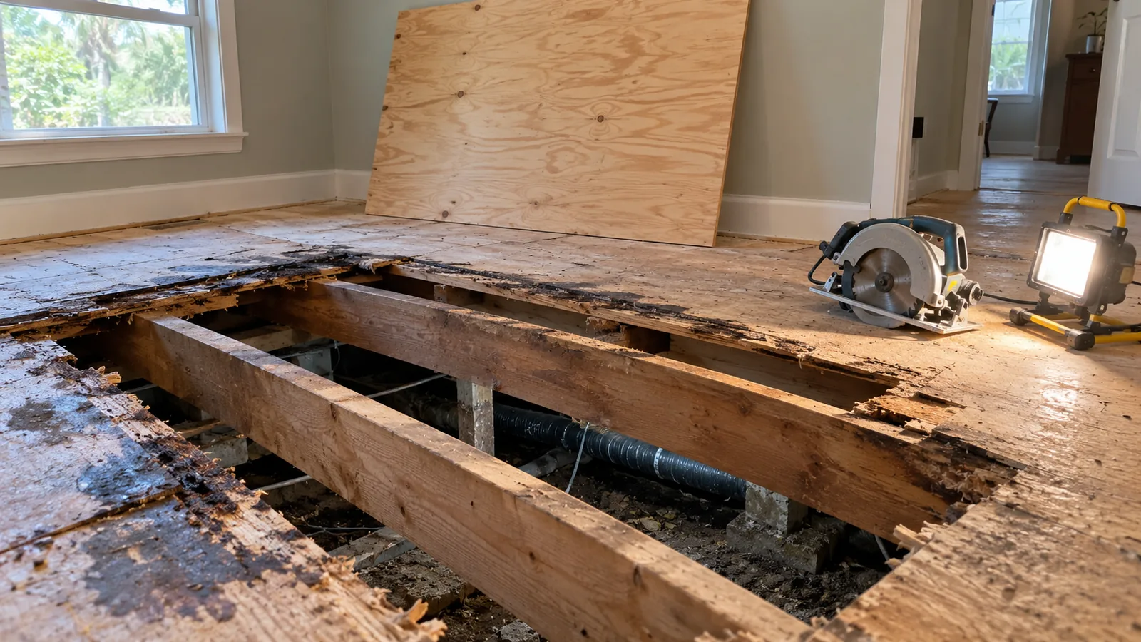 Section of rotted plywood subfloor cut out between floor joists, ready for new plywood