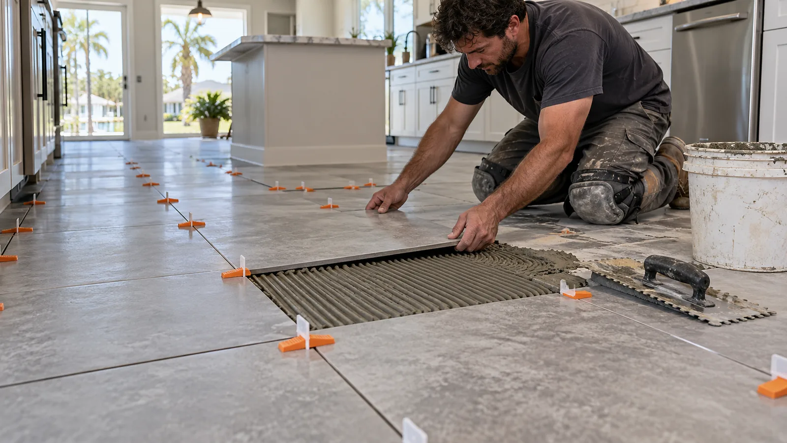 Large gray porcelain floor tiles with leveling clips being set in a kitchen